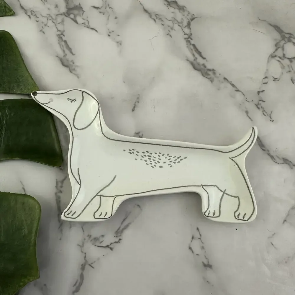 Wiener Dog Dachshund Dog Small Trinket Dish Ring Tray White Gray Puppy Ceramic